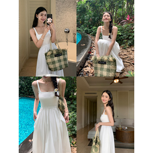 pusumede 假两件拼接吊带连衣裙女收腰中长裙 现货8.5折