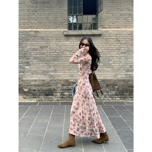 法式玫瑰印花连衣裙女喇叭袖长裙