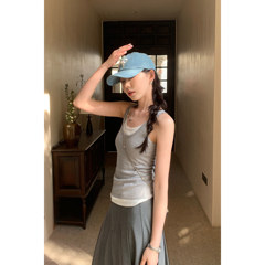 pusumede 假两件吊带背心女夏季外穿设计感针织无袖修身天丝上衣