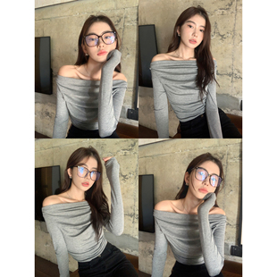 气质修身 t恤女短款 露肩针织小众上衣 一字肩长袖 pusumede锁骨狙击