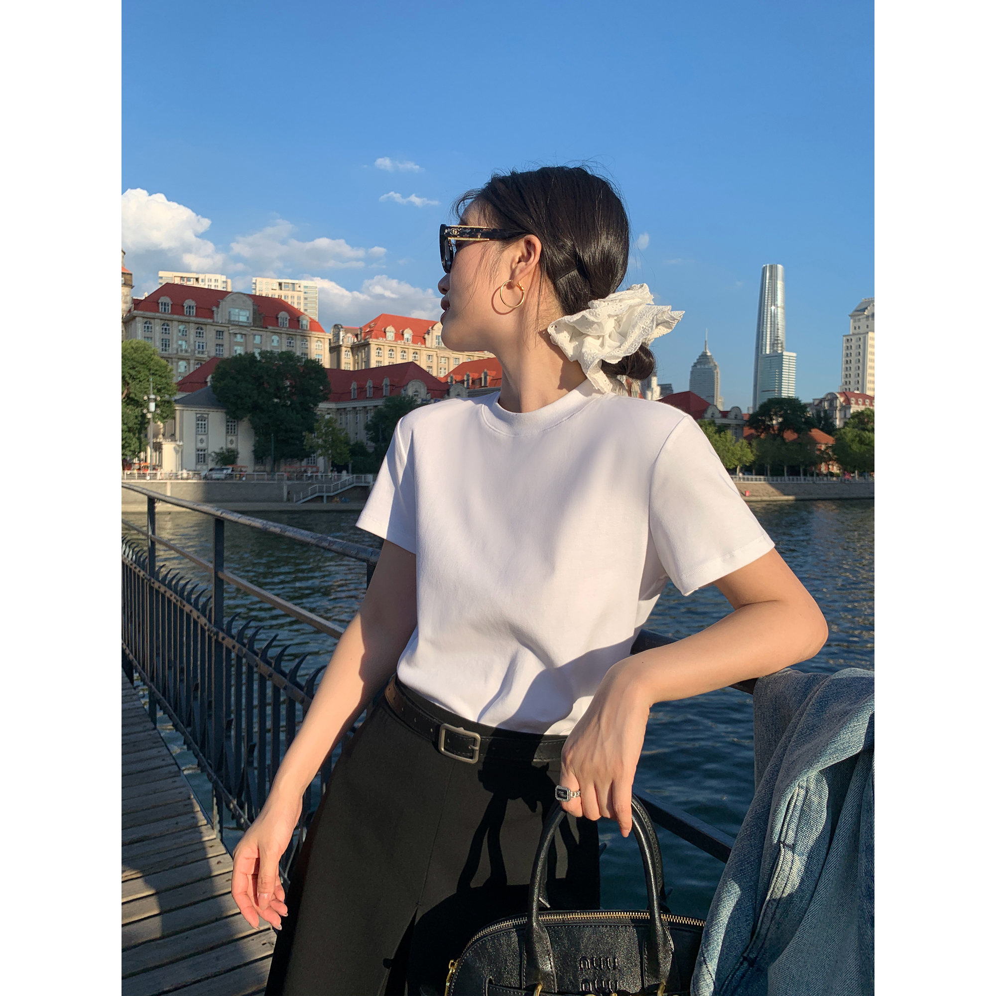 pusumede 黑色半高领短袖T恤女宽松显瘦休闲百搭针织打底衫上衣