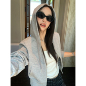 pusumede 上衣 格纹拼接连帽卫衣女休闲通勤外套短款 经典 不单调