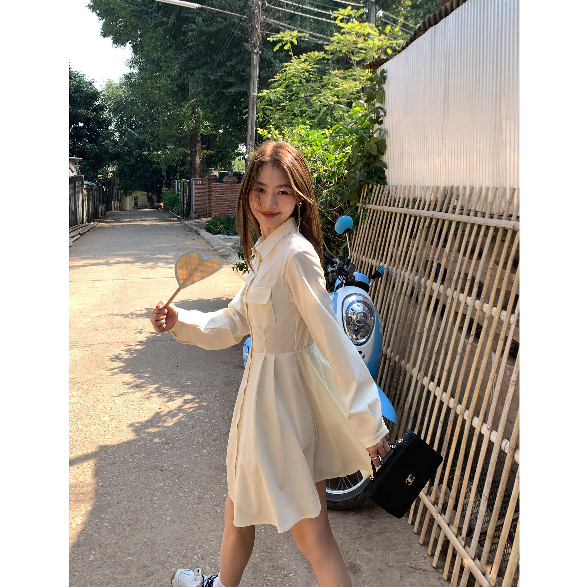 pusumede 法式衬衫连衣裙女新款减龄a字收腰短裙长袖气质裙子