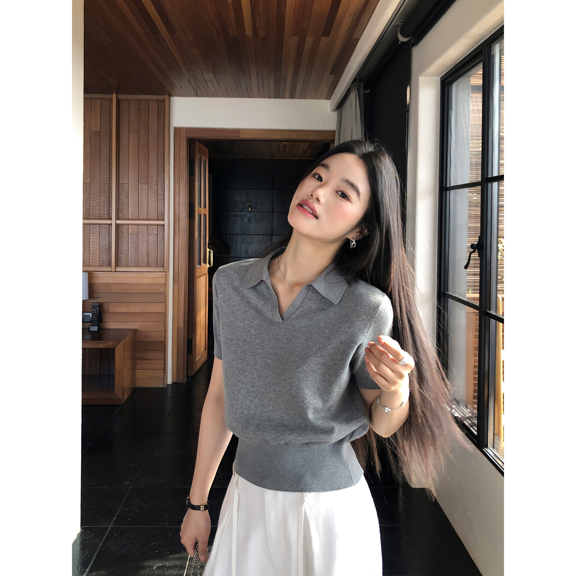 pusumede 夏日跃动 经典polo领短袖针织衫女休闲短款显瘦翻领上衣