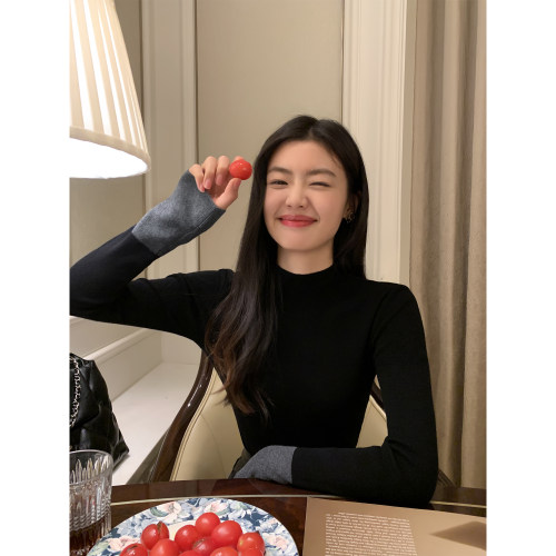 撞色长袖针织衫女修身显瘦打底衫