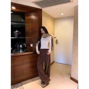 女宽松显瘦直筒拖地长裤 复古高腰阔腿休闲裤 焦糖暖棕 pusumede