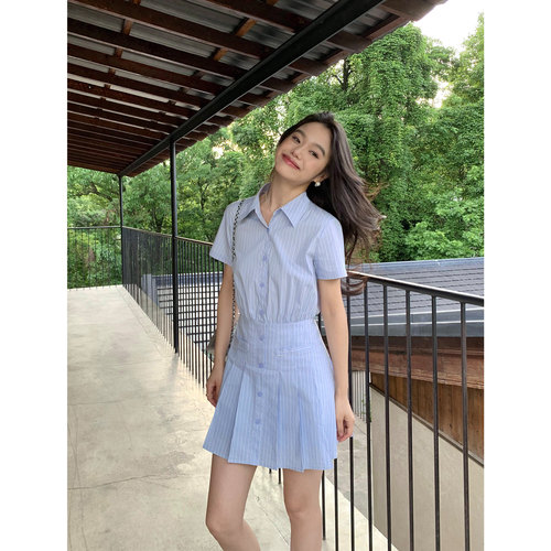 短袖衬衫裙女连衣裙收腰百褶裙