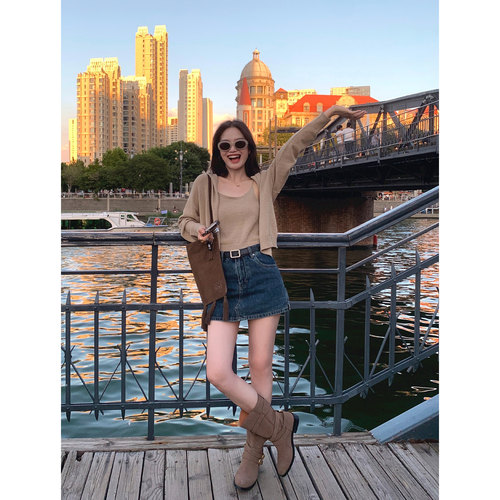 连帽针织开衫外套吊带两件套