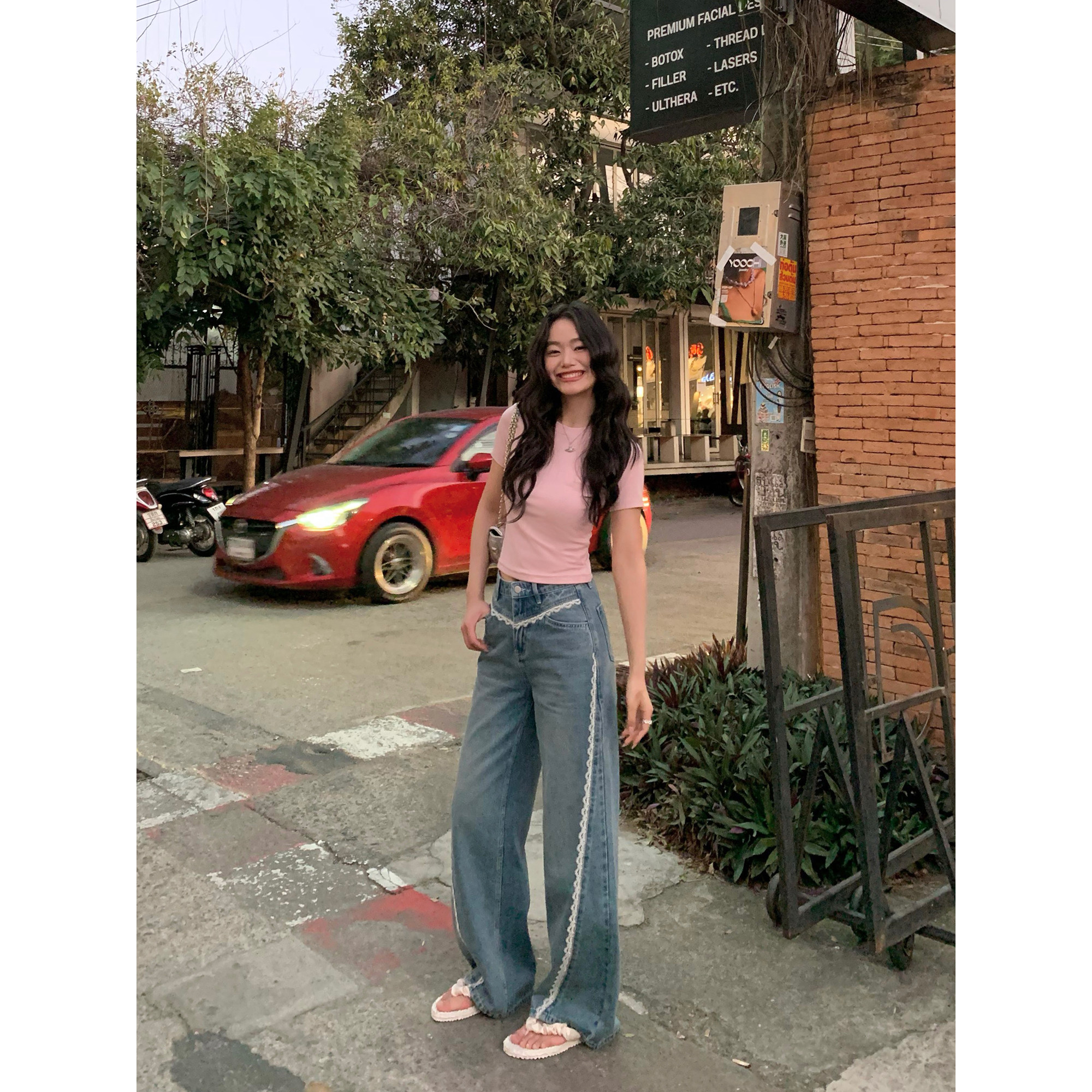 pusumede【现货6.5折】低腰宽松牛仔裤女花边拼接直筒阔腿裤,女装/女士精品,牛仔裤,淘宝优惠券,粉丝福利购,淘宝优惠卷