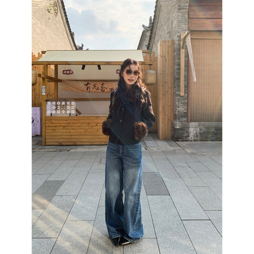 pusumede 城市漫步 复古蓝色低腰直筒牛仔裤女宽松阔腿拖地长裤