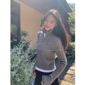 pusumede 上衣 针织开衫 灰色高领麻花拉链毛衣女秋冬修身 显瘦短款