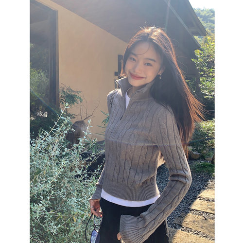 高领麻花拉链毛衣女针织衫开衫