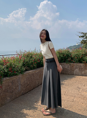 pusumede 黑色a字半身裙女夏设计感百褶裙气质显瘦西装裙长裙子