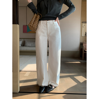 pusumede 冬日调性 白色低腰弯刀牛仔裤女休闲宽松显瘦阔腿长裤