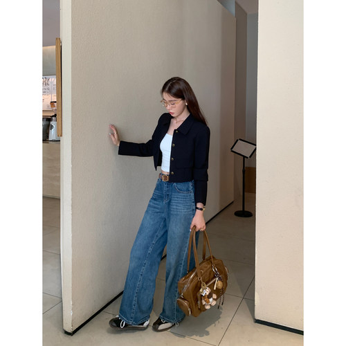 复古蓝色阔腿牛仔裤女直筒长裤