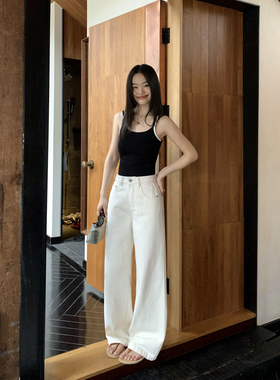 pusumede自留款! 白色阔腿牛仔裤女高腰宽松显瘦休闲百搭直筒长裤