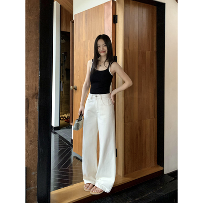 pusumede自留款! 白色阔腿牛仔裤女高腰宽松显瘦休闲百搭直筒长裤