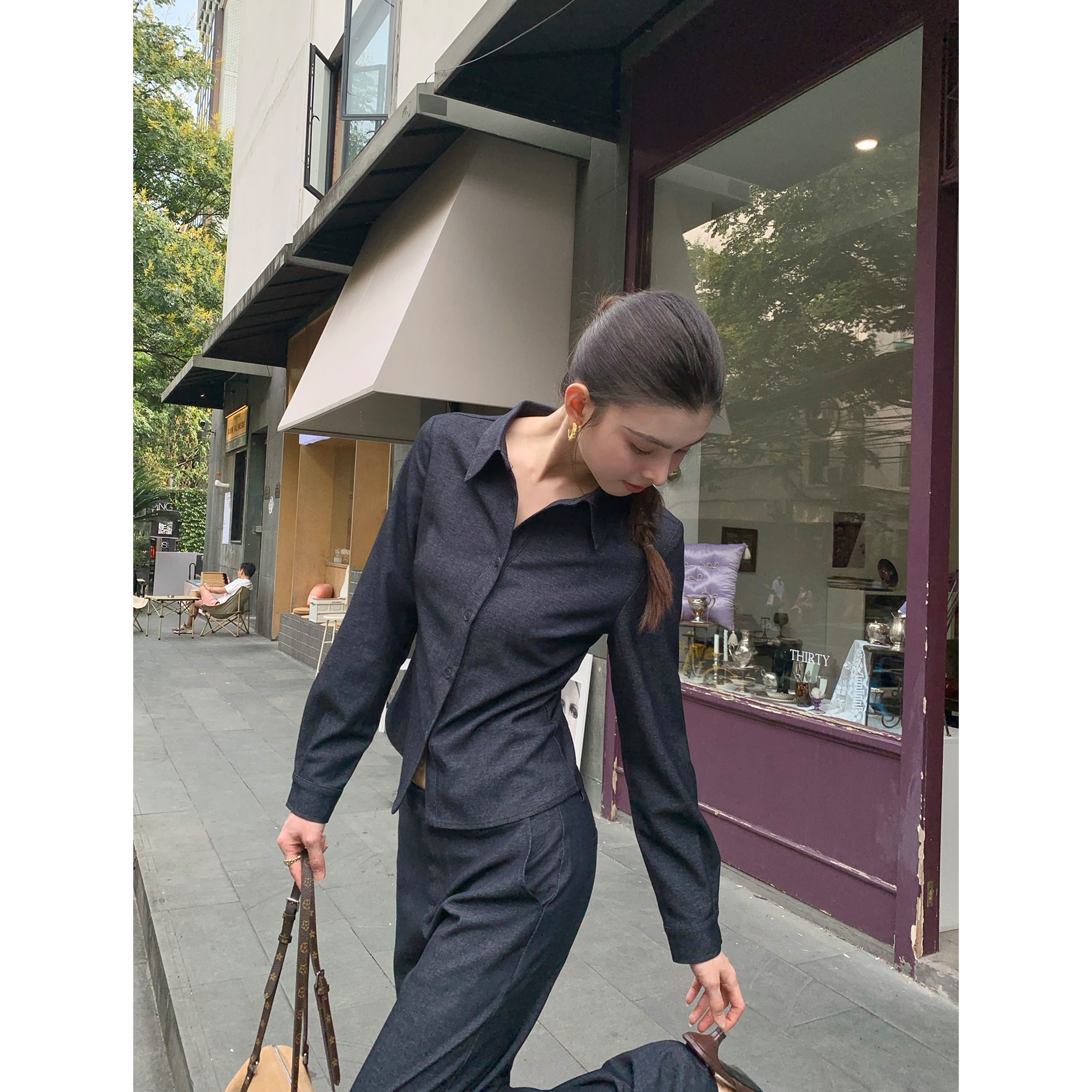 pusumede 素调随性 仿牛仔翻领长袖短款衬衫女宽松休闲裤两件套装