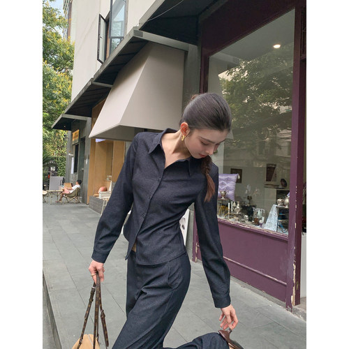 pusumede 素调随性 仿牛仔翻领长袖短款衬衫女宽松休闲裤两件套装