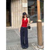 直筒长裤 pusumede 女高腰宽松休闲裤 翻盖口袋阔腿牛仔裤 复古丹宁