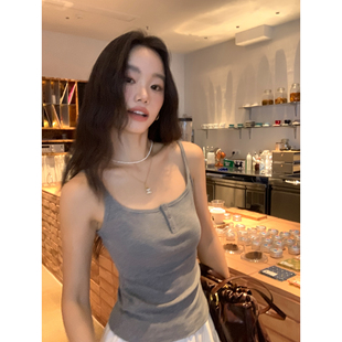 吊带背心女针织细肩带无袖 灰色方领基础款 上衣 高频穿搭 pusumede