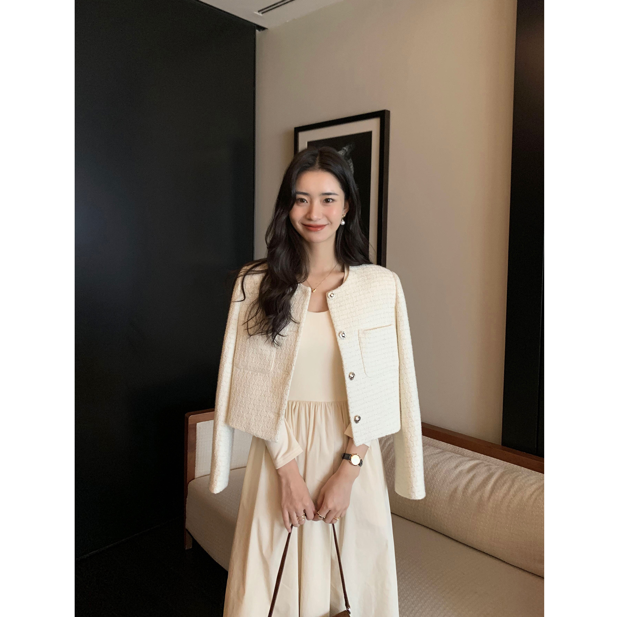 pusumede 法式小香风外套女高级感气质夹棉开衫显瘦短款羊毛上衣