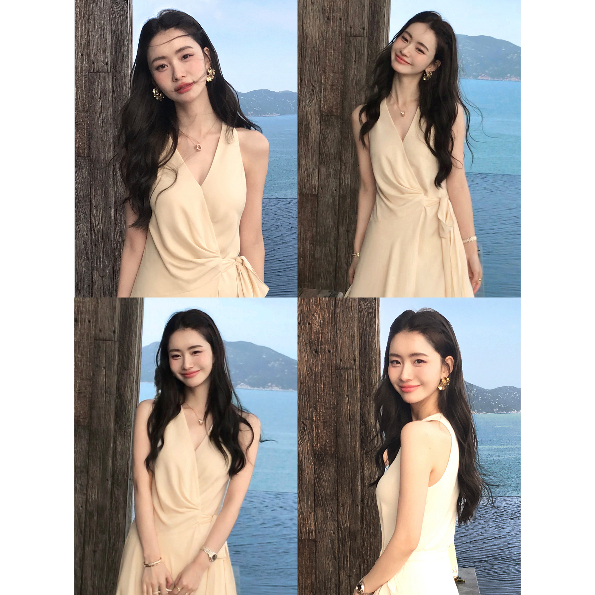 pusumede 诠释温婉 优雅V领无袖连衣裙女气质长款系带收腰背心裙