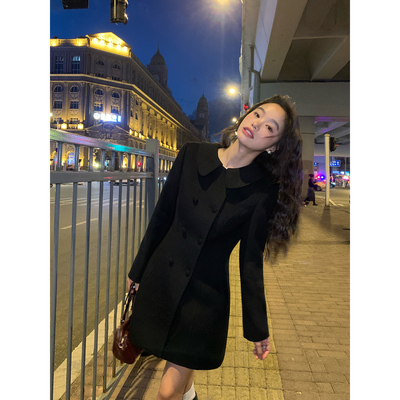 pusumede 韩剧千金 设计感娃娃领毛呢外套女收腰中长款羊毛大衣