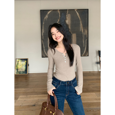 pusumede 半开领长袖针织衫女秋冬新款内搭打底衫设计感小众上衣