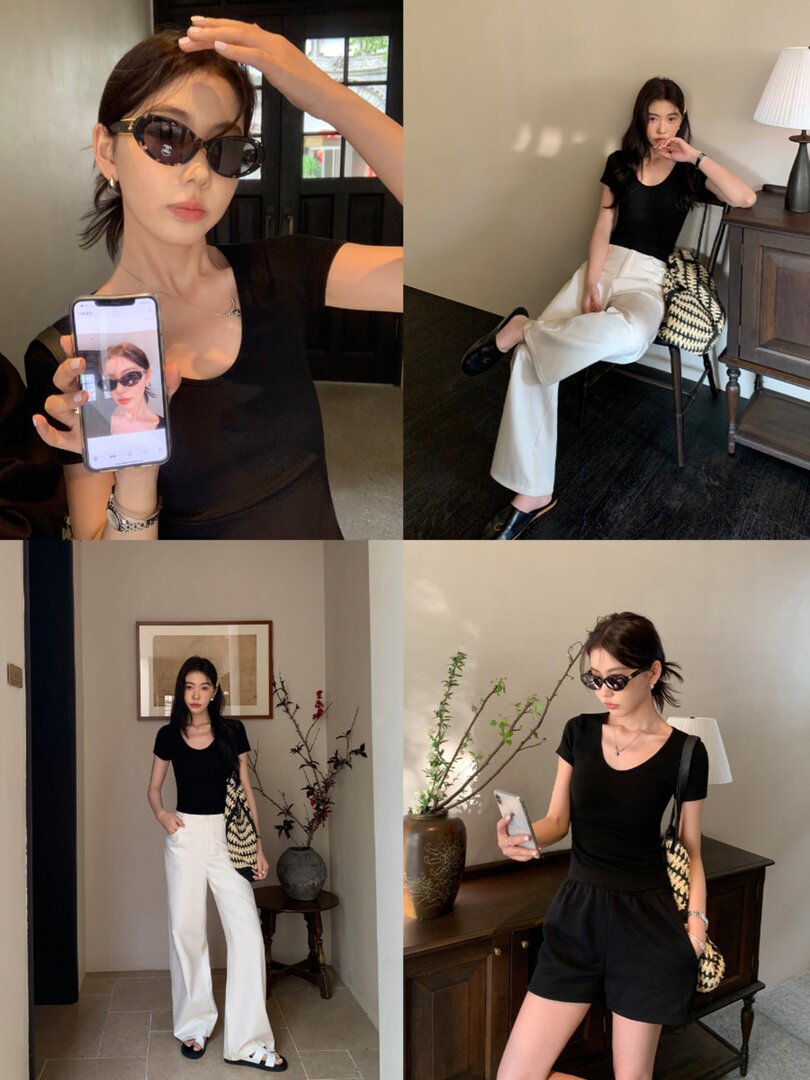 Collage of a woman modeling black tops with white pants and black shorts, accessorized with sunglasses and a woven bag