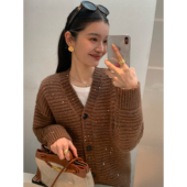 细闪v领毛衣开衫 pusumede 现货6.5折 女加厚针织外套复古上衣