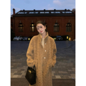 pusumede 黑色羊羔毛仿皮草外套高级秋冬保暖加厚中长款 毛毛大衣