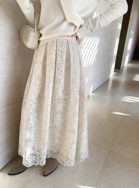 pusumede浮雕梦境 法式镂空花纹蕾丝半身裙女气质优雅高腰A字长裙
