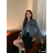 短款 休闲百搭长袖 夹克上衣 蓝色复古牛仔外套女春秋韩版 pusumede