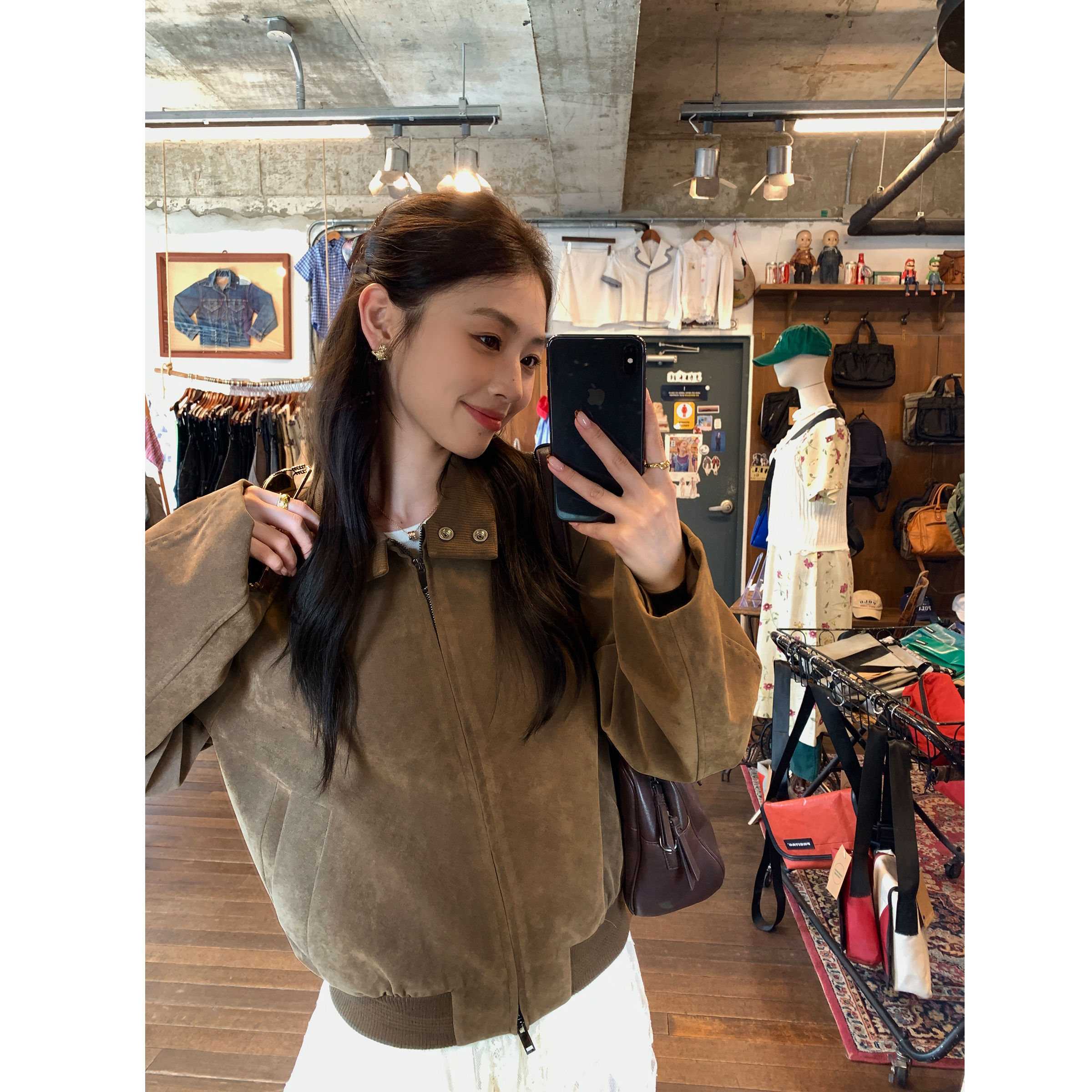 pusumede 巴黎时报 复古咖色翻领PU皮衣外套女宽松拉链休闲夹克