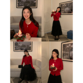 pusumede 上衣 女秋冬外穿气质长袖 红梨慕斯 圆领1OO羊毛针织开衫