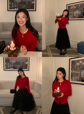 pusumede 红梨慕斯 圆领100%羊毛针织开衫女秋冬外穿气质长袖上衣