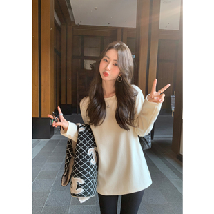 pusumede淡颜范本 加绒圆领套头长袖t恤女慵懒宽松中长款针织上衣