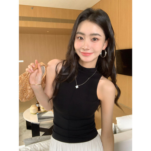 pusumede黑色半高领针织背心女夏季新款外穿百搭修身无袖吊带上衣