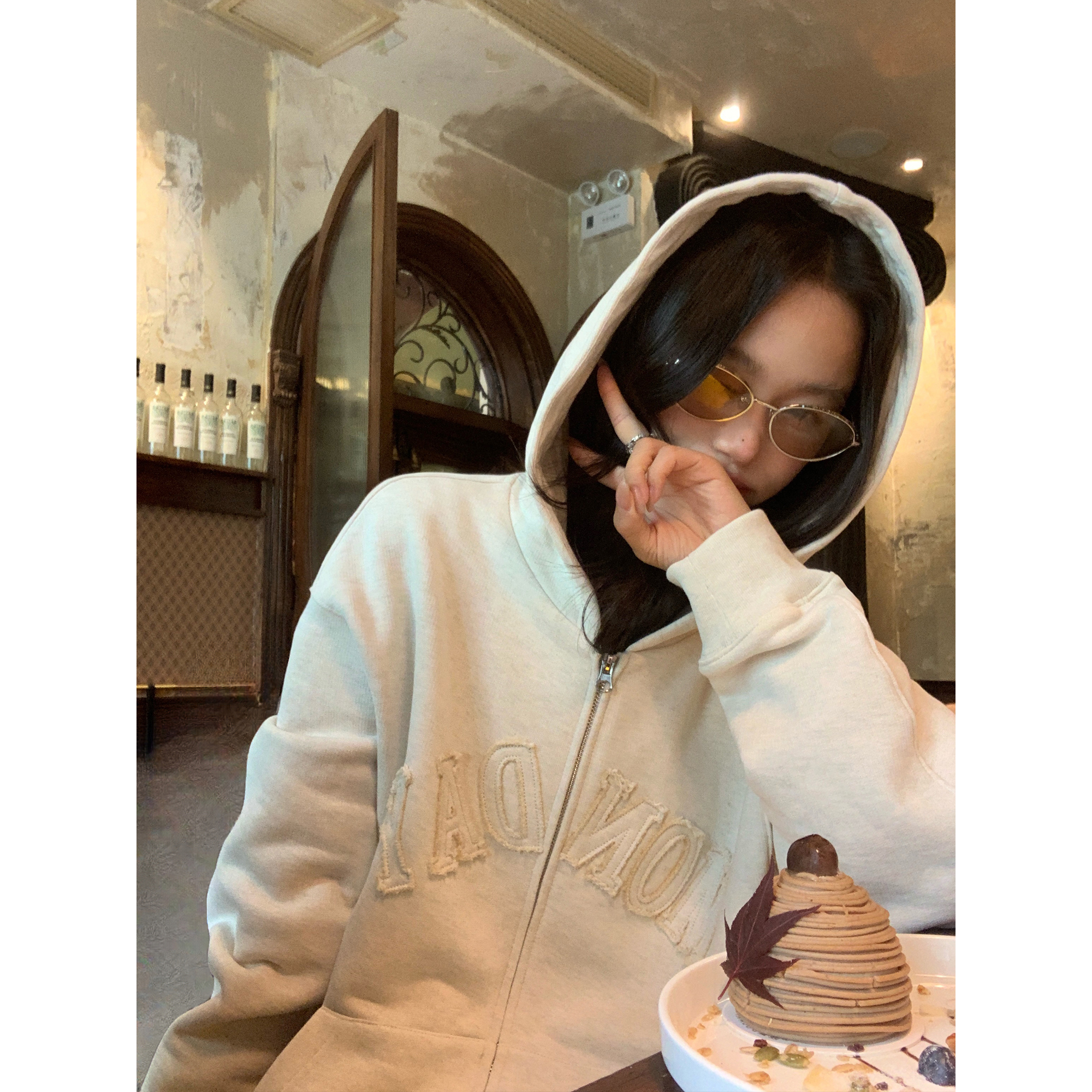 美式刺绣外套慵懒风宽松连帽卫衣