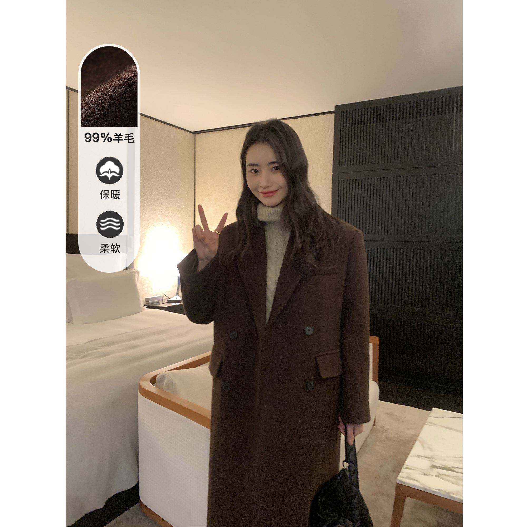 pusumede黑色羊毛大衣女冬季新款韩版宽松高级感气质长款毛呢外套