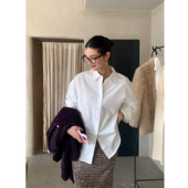 pusumede 上衣 女白色宽松休闲衬衣叠穿长袖 控场智感 翻领条纹衬衫