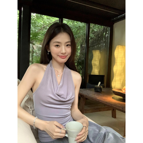 pusumede荡领挂脖小吊带背心女夏季外穿性感露背修身无袖别致上衣