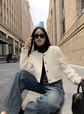 pusumede 高街焦点 法式小香风外套女名媛气质黑色小个子短款上衣