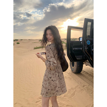 pusumede 法式茶歇 泡泡袖碎花连衣裙女V领收腰雪纺长袖短裙子