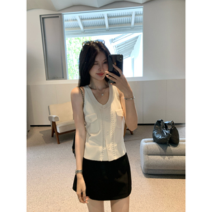 pusumede【现货7.5折】衣橱大U领背心吊带女镂空麻花无袖针织上衣