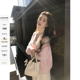 pusumede 雪域冬日 慵懒风V领仿貂毛开衫女宽松保暖毛茸茸上衣