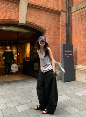 pusumede黑色高腰阔腿裤女宽松慵懒灯笼裤设计感小众镰刀裤休闲裤