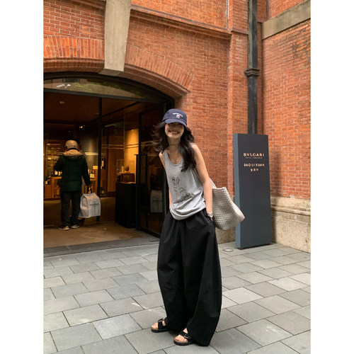 pusumede黑色高腰阔腿裤女宽松慵懒灯笼裤设计感小众镰刀裤休闲裤