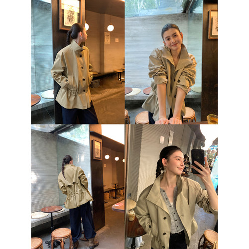 pusumede 【现货7折】高智气场 立领抽绳收腰风衣女宽松休闲外套